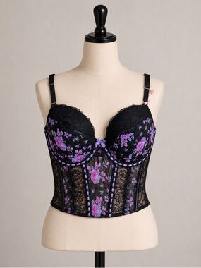 Victoria's Secret Dream Angels Floral Lace Bustier Corset‎ Top Black Purple M
